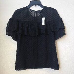 J. Crew Black Blouse with Ruffled Sleeves and Textured Fabric